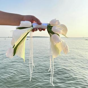 韩式 领证花束婚礼高级手提花环新娘白色郁金香手捧花婚纱拍摄道具