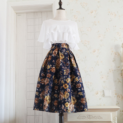 提花百褶半身裙中长A字蓬蓬伞裙