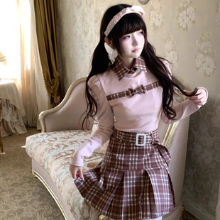 森女系原创想去海边 冬日甜美粉内搭上衣格子半裙 心事涟漪