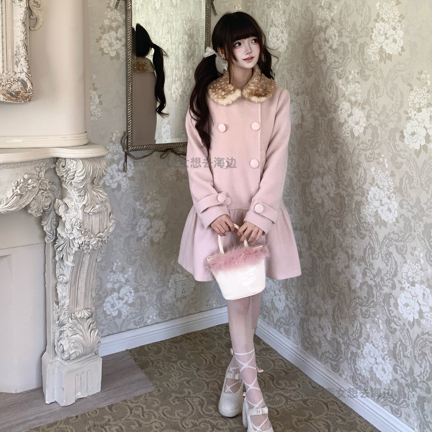 粉色小鹿娃娃领毛呢大衣外套