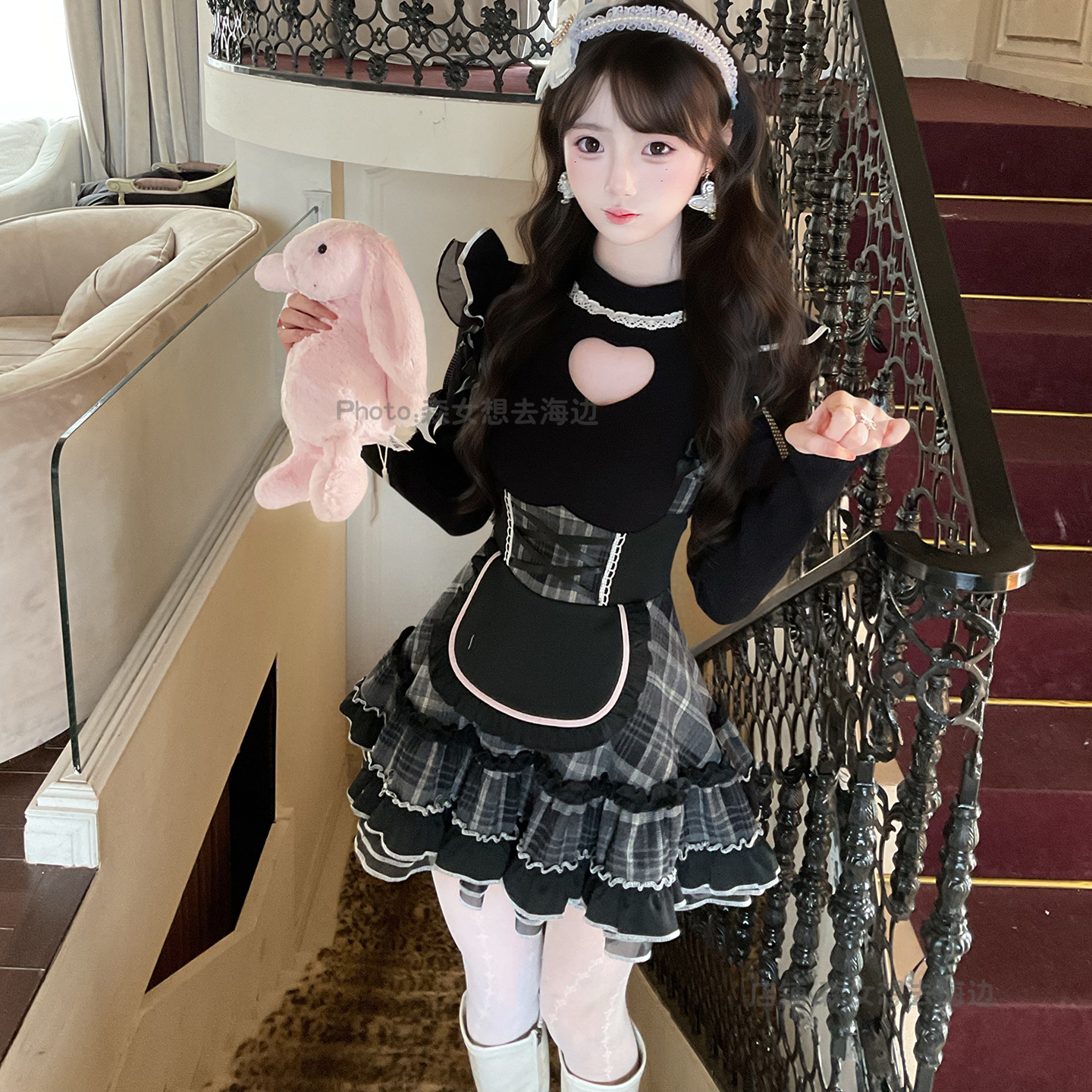 森女系原创想去海边 最喜欢你 黑色蕾系爱心领口内搭上衣背带裙