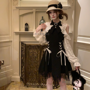 森女系原创想去海边 清楚系黑色露肩连衣裙秋冬 独揽星月