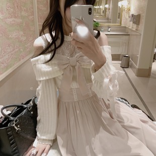 森女系原创想去海边 清楚系优雅温柔浅粉露肩连衣裙 秋日絮语