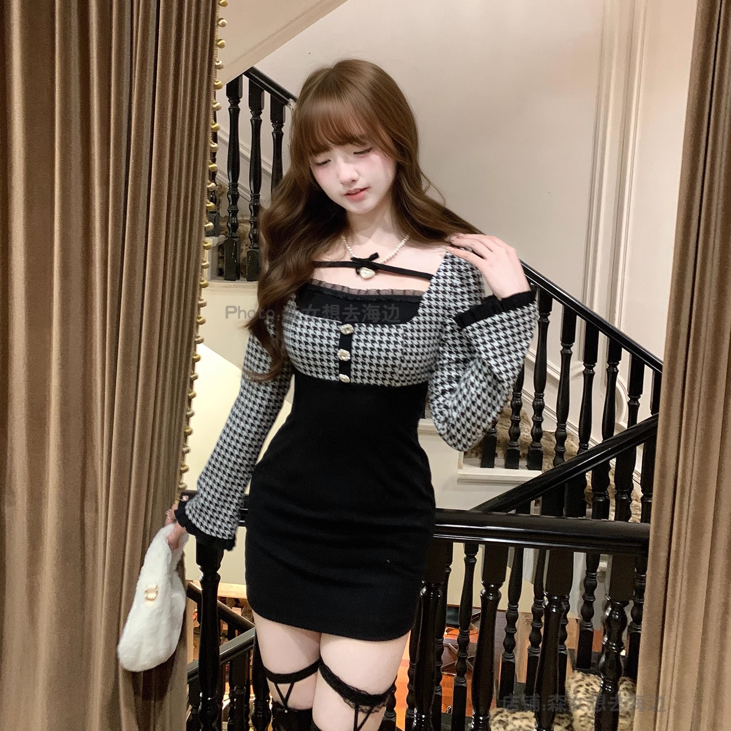 秋冬千鸟格长袖修身连衣裙