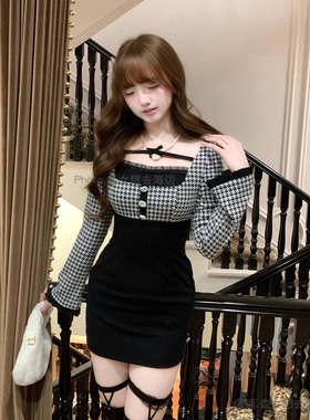 森女系原创想去海边 甜心午茶 秋冬千鸟格长袖修身针织连衣裙