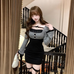 修身 秋冬千鸟格长袖 针织连衣裙 甜心午茶 森女系原创想去海边