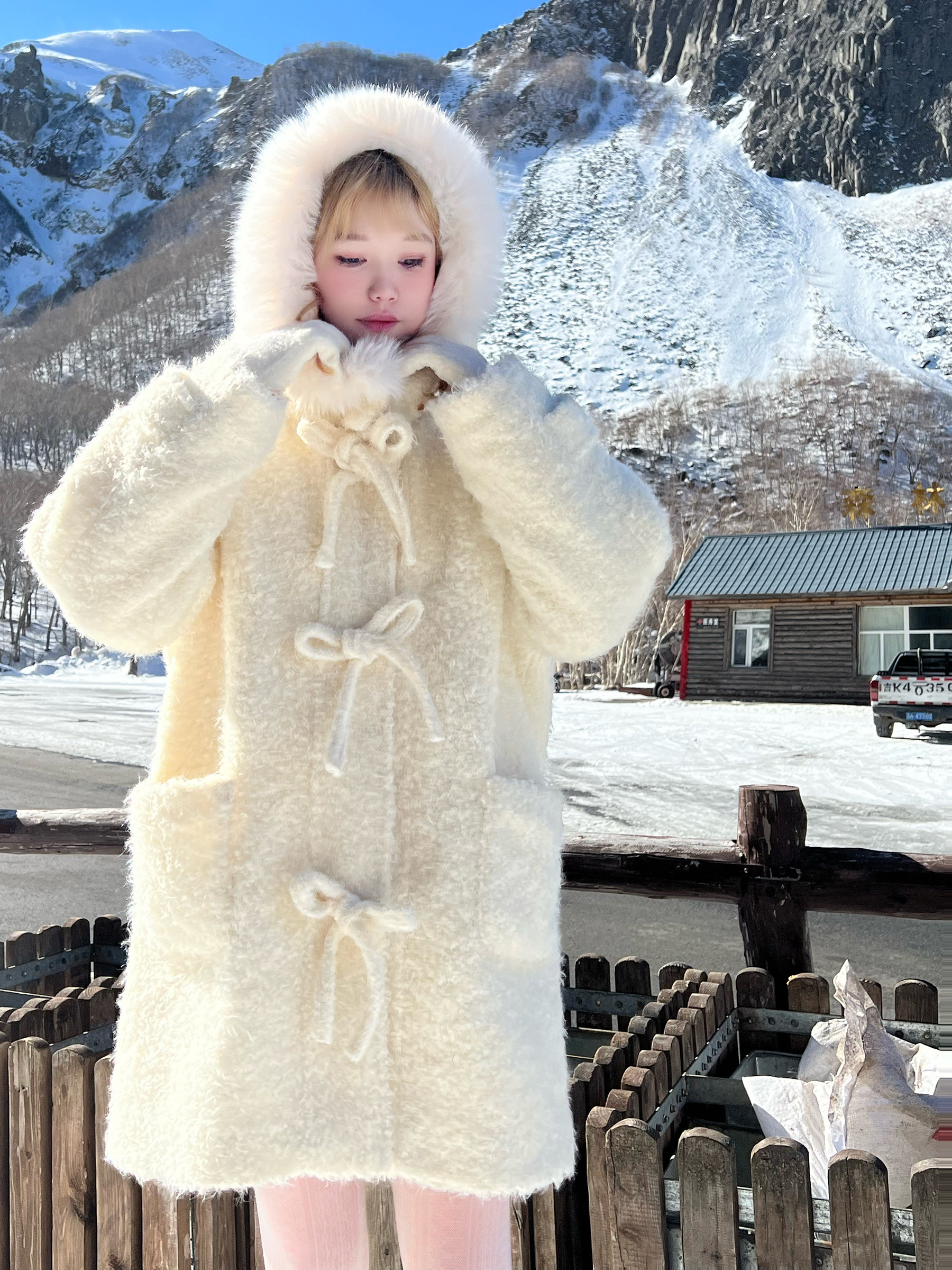 毛毛大衣外套温柔甜美蝴蝶结扣