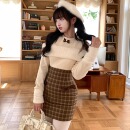 森女系原创想去海边 迷路小羊 针织拼接可爱棕色格子连衣裙