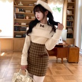 森女系原创想去海边 迷路小羊 针织拼接可爱棕色格子连衣裙