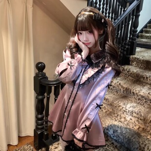 森女系原创想去海边 甜妹星系 清楚系蕾系黑粉蕾丝连衣裙蝴蝶结