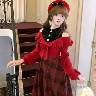 森女系原创想去海边 圣诞风黑红配色清楚系薰子连衣裙 圣诞小薰