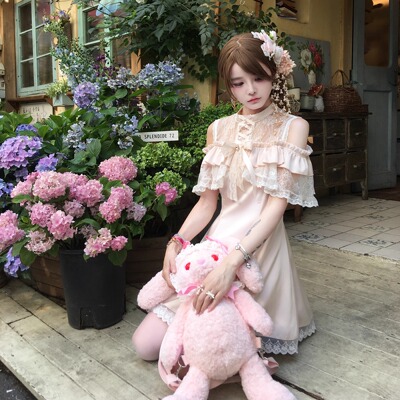 森女系原创想去海边 海芋珊瑚 清楚系粉蓝双子连衣裙