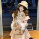 森女系原创想去海边 温柔浅粉小斗篷连衣裙毛呢外套 流光之莓