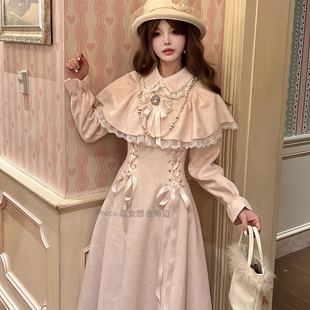 森女系原创想去海边 秋冬清楚系毛呢外套加厚连衣裙 朦朦粉海