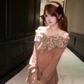 豹纹蝴蝶结一字肩修身 森女系原创想去海边 织云小豹 连衣裙针织