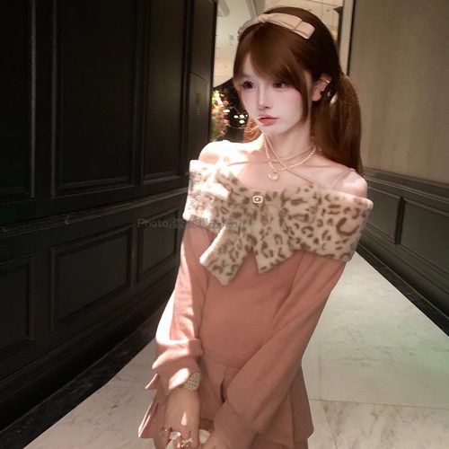 豹纹蝴蝶结一字肩修身连衣裙针织