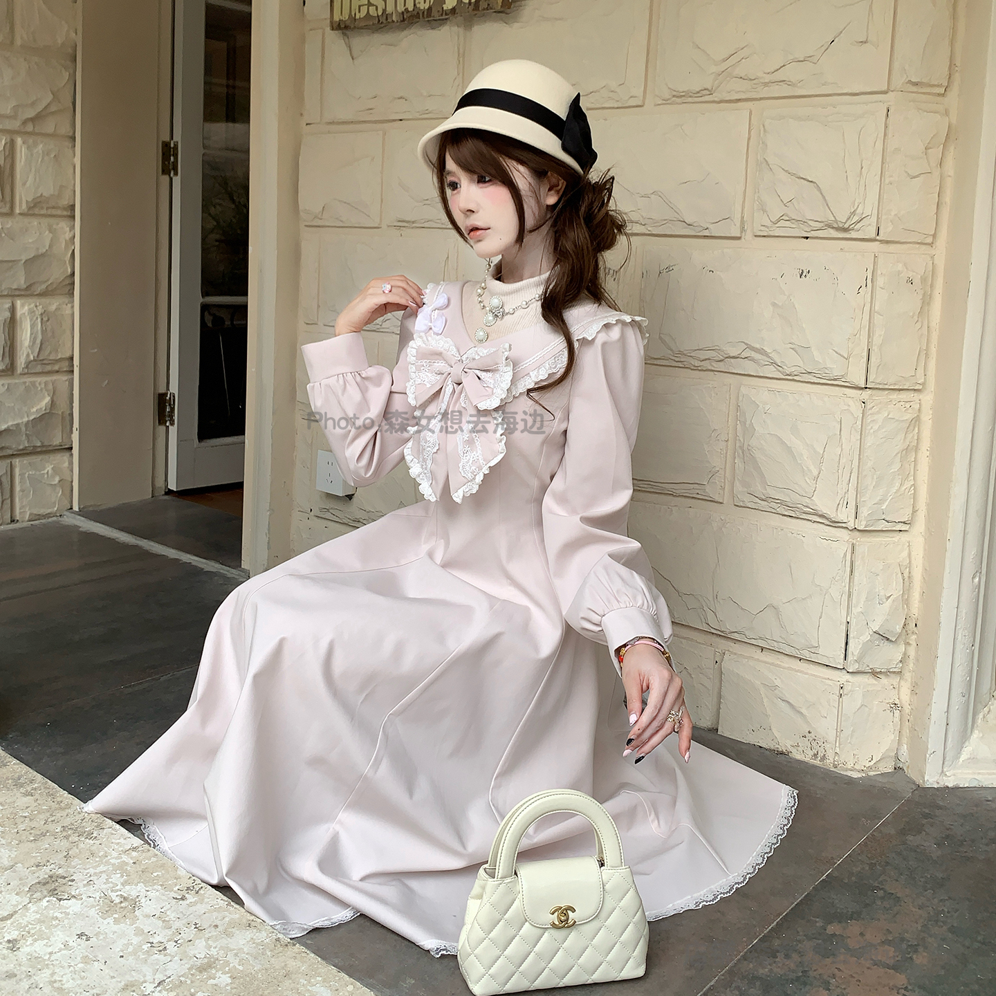 甜美温柔清楚系粉色长裙连衣裙