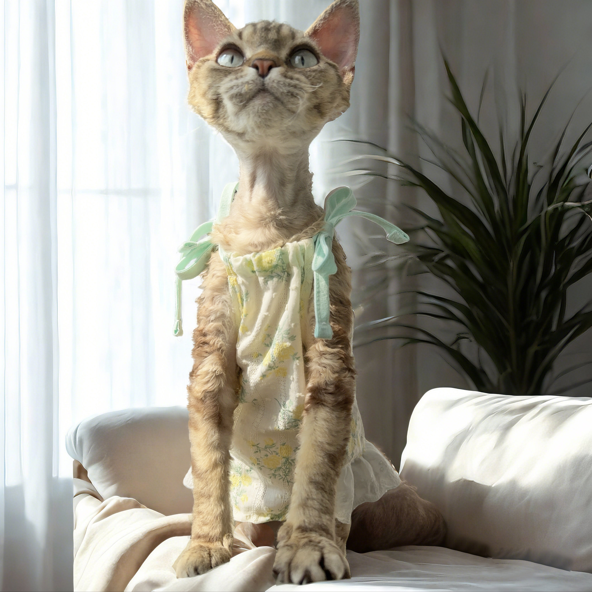 德文猫衣服无毛猫吊带纯棉透气舒适护肚蝴蝶结背心猫咪防掉毛衣服