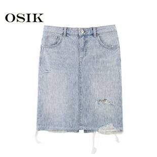 OSIK 欧美批发外贸女装破洞装饰中长款开叉毛边牛仔裙潮  0250091