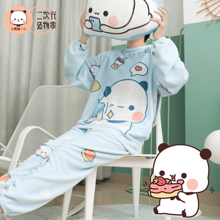 小熊猫一二睡衣女秋冬珊瑚绒加绒加厚甜美可爱长款法兰绒睡衣女