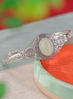 S925银复古做旧吉祥回纹手镯