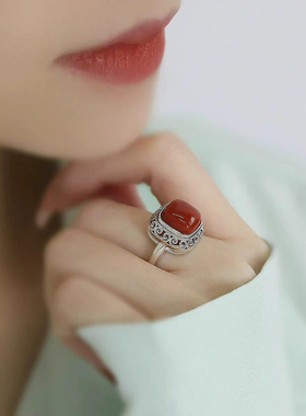 复古925纯银方糖南红戒指
