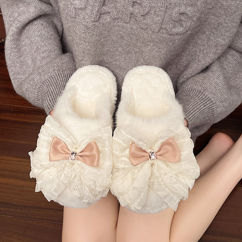 甜美风小公主蝴蝶结毛绒绒棉拖鞋女秋冬水钻居家软底加绒舒适拖鞋