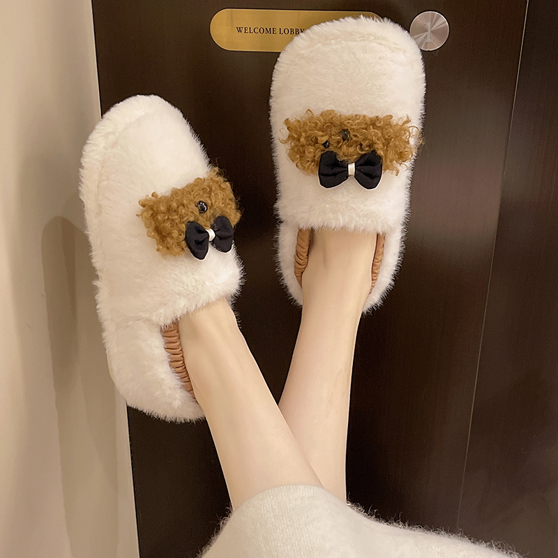 棉拖鞋女冬季可爱蝴蝶结狗狗软底