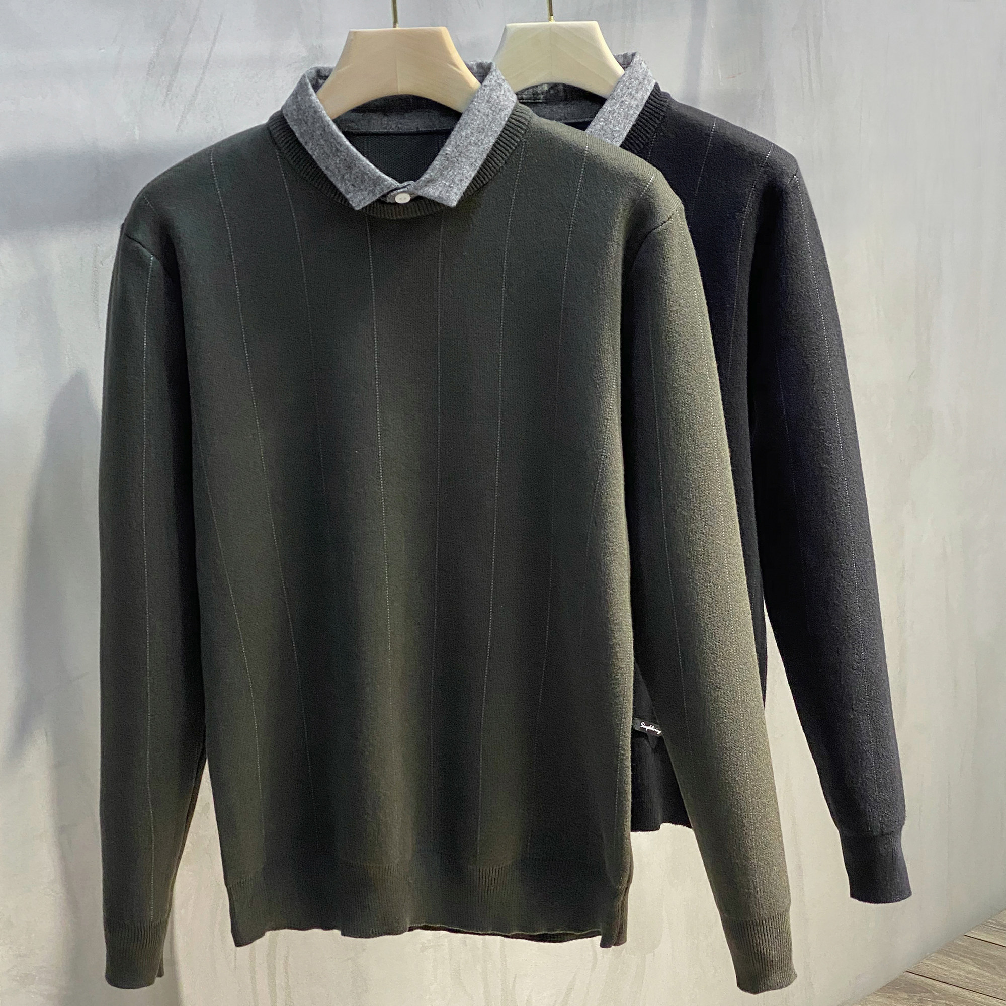 男士秋冬装上衣潮流假两件毛衣男条纹韩版修身加绒加厚条纹针织衫