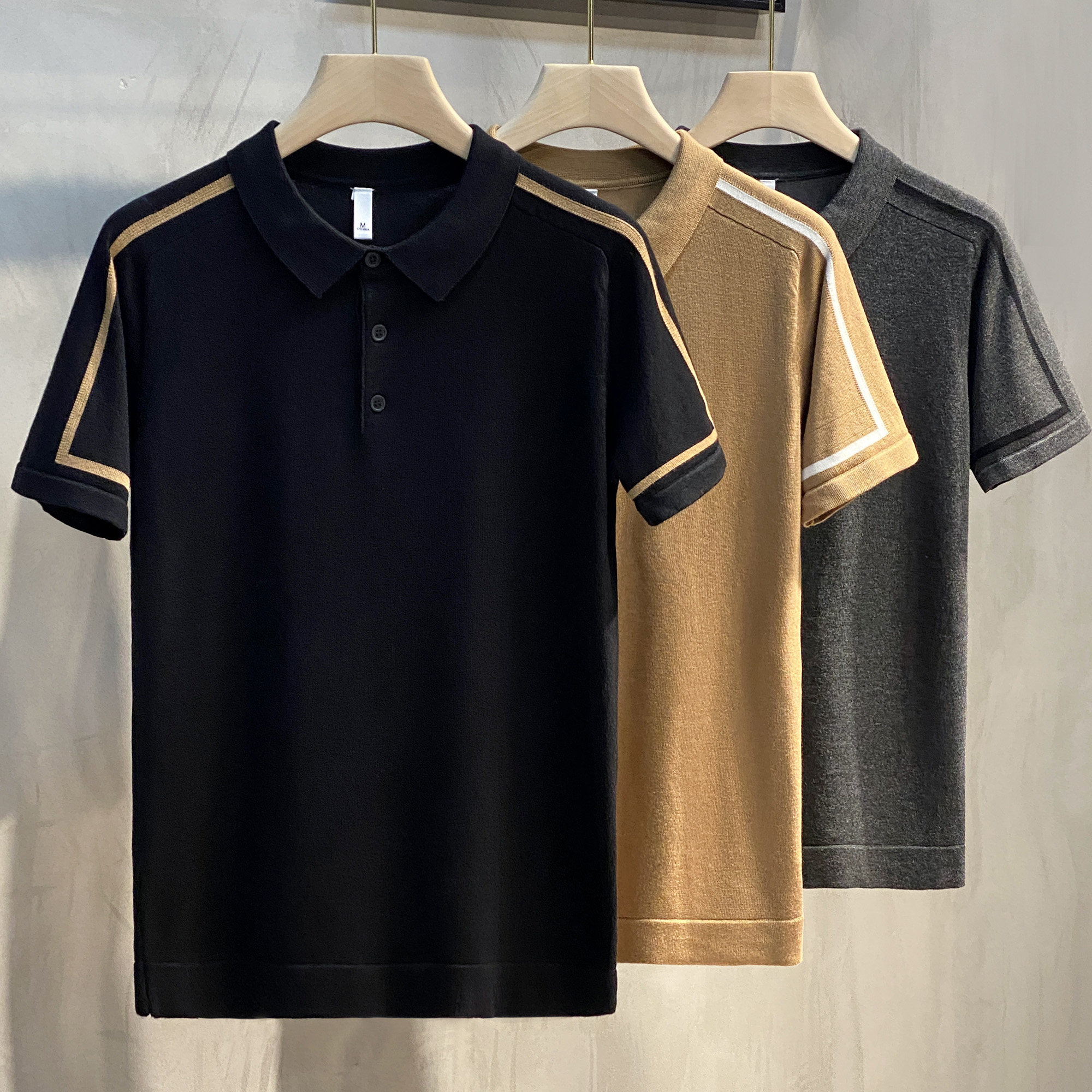 polo衫男短袖夏季透气条纹针织衫轻商务休闲修身翻领高端男士t恤