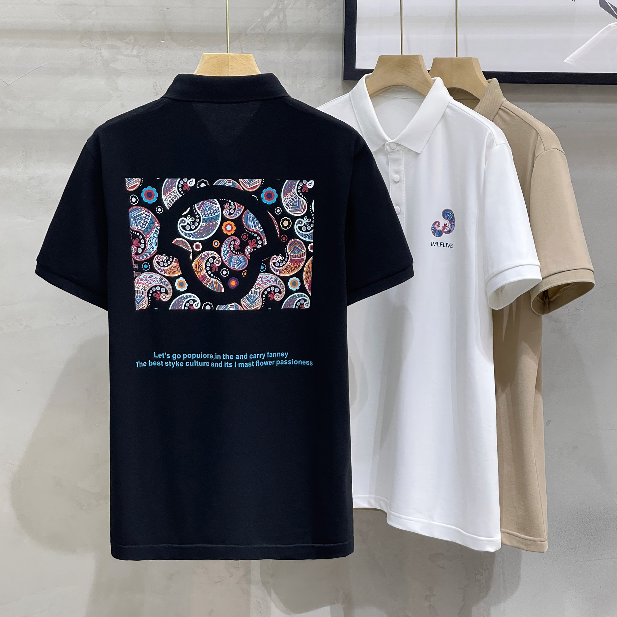 美式休闲冰丝polo衫男夏季欧美潮牌翻领短袖t恤印花白色有领体恤