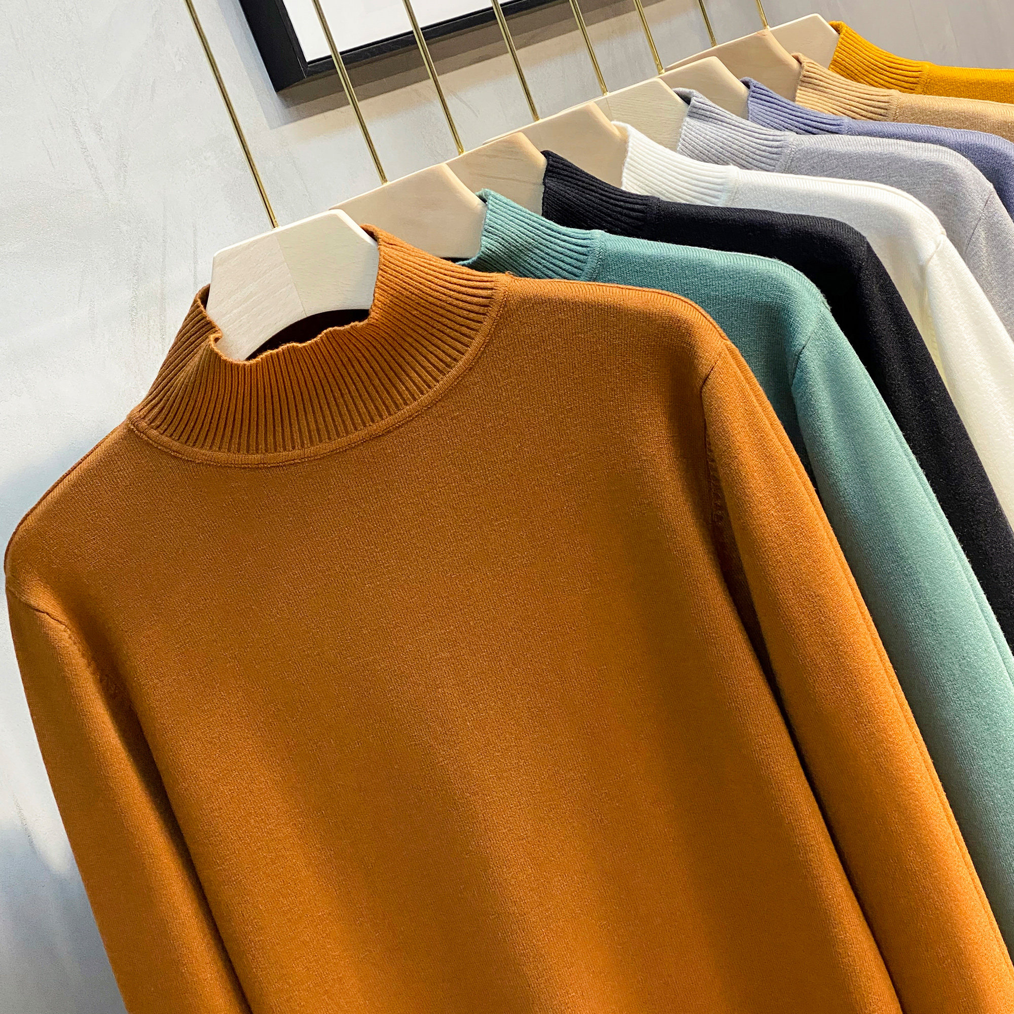 2025年春季新款半高领加绒加厚毛衣男中领针织衫打底衫韩版潮流线