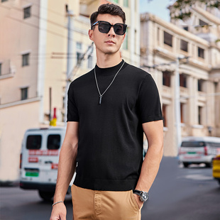 冰丝高端针织T恤短袖小高领打底衫男士毛衣内搭2025春夏新款中领