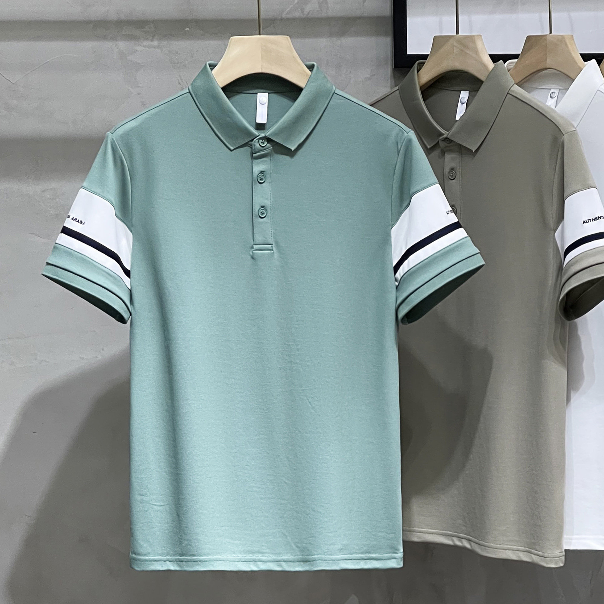 韩版修身青年时尚条纹袖短袖polo衫男潮流帅气小伙半袖有领子t恤