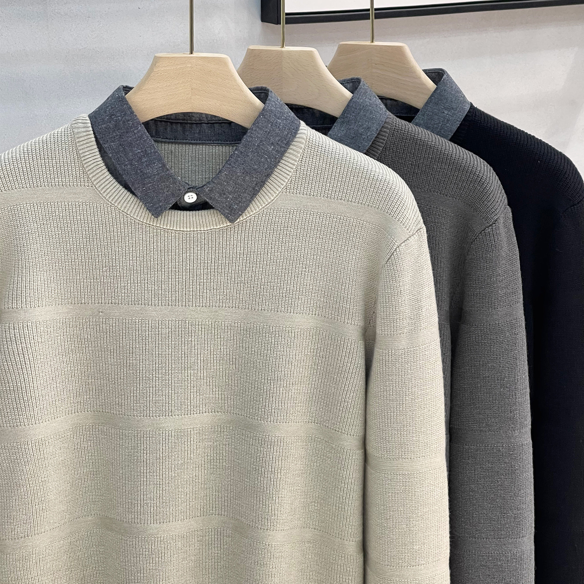 假两件毛衣男士秋冬季韩版潮牌衬衫领针织衫肌理提花商务休闲上衣