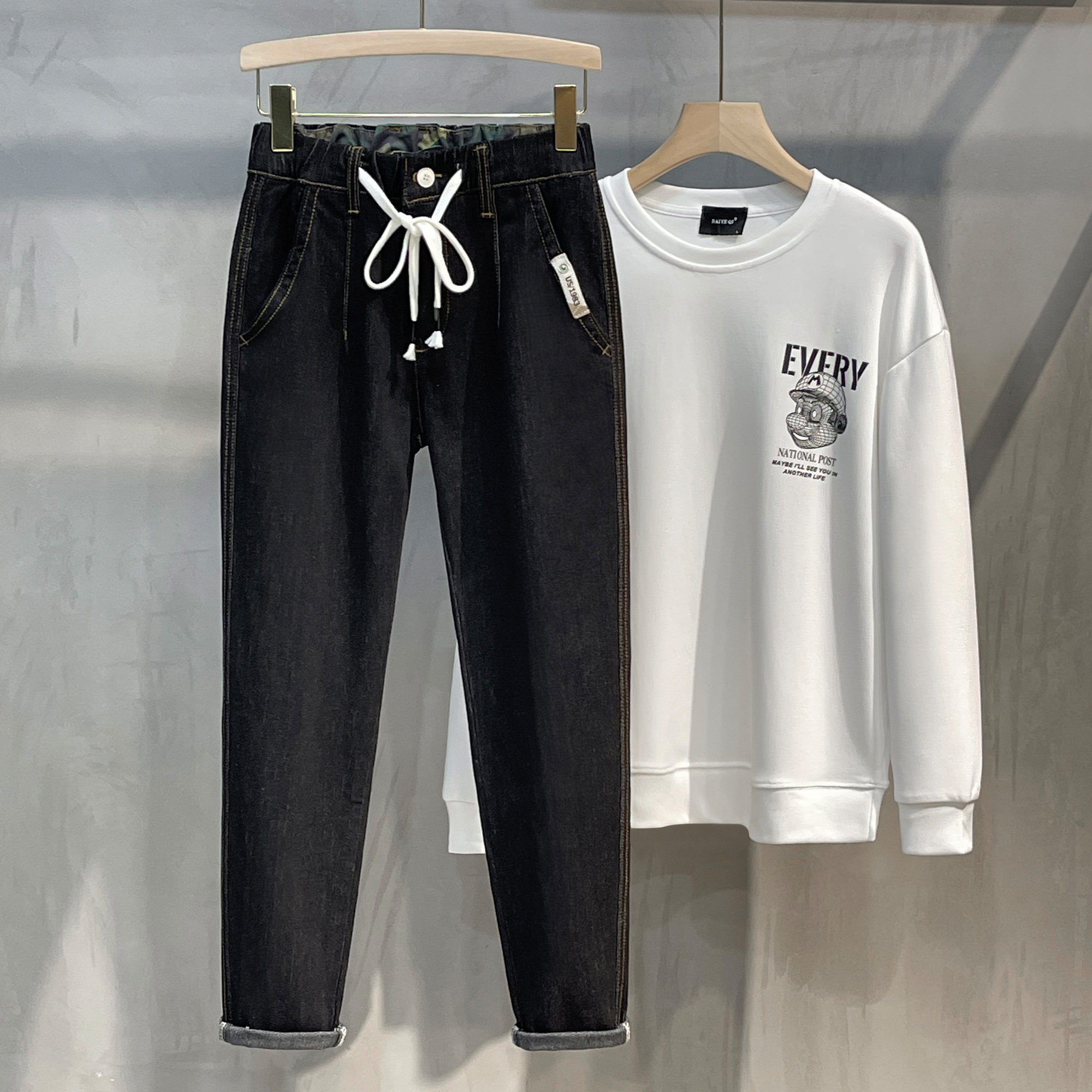 2025新款丹宁春秋季黑色长裤牛仔裤男修身小脚九分裤子男韩版潮流