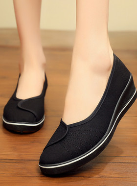 正品老北京布鞋女鞋一字护士鞋白色坡跟厚底上班工作鞋黑色美容鞋