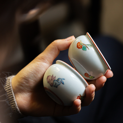 景德镇观云听雨观云拟古红绿彩好柿成双小缸杯主人杯茶杯复古清新