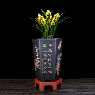 紫砂兰花盆陶瓷悬崖盆景花盆高大六方手工精品落地大口径蕙兰花盆