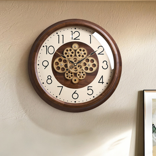 2025新款 创意机械齿轮挂钟复古轻奢实木时钟表客厅高级感挂表 欧式