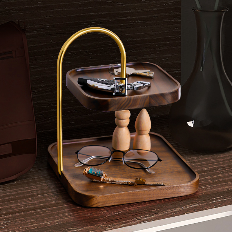 中式收纳盒摆件进门玄关桌面置物架钥匙复古实木木质家用黄铜托盘