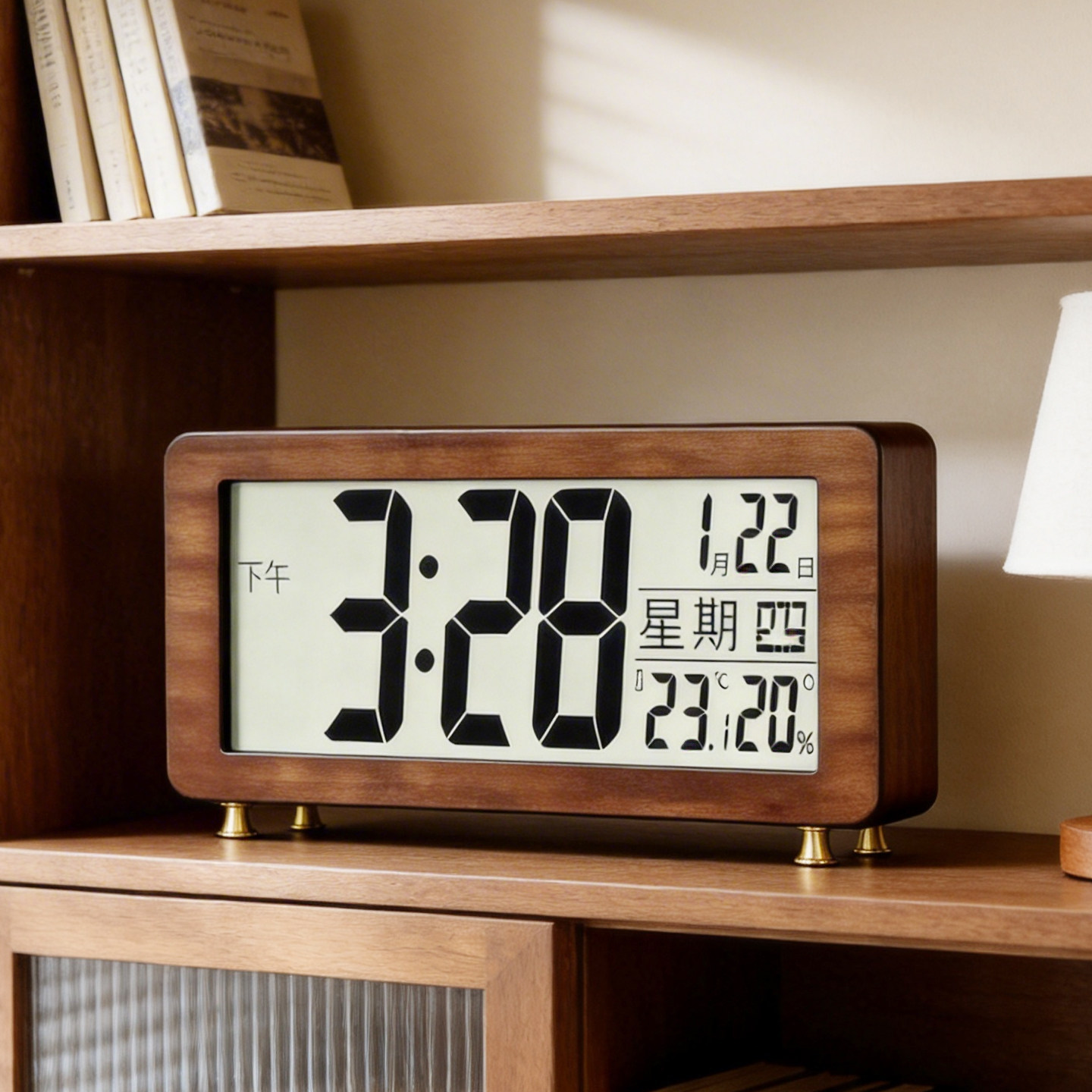 中式复古实木座钟桌面电子时钟表摆台式LED数字显示客厅摆放摆件