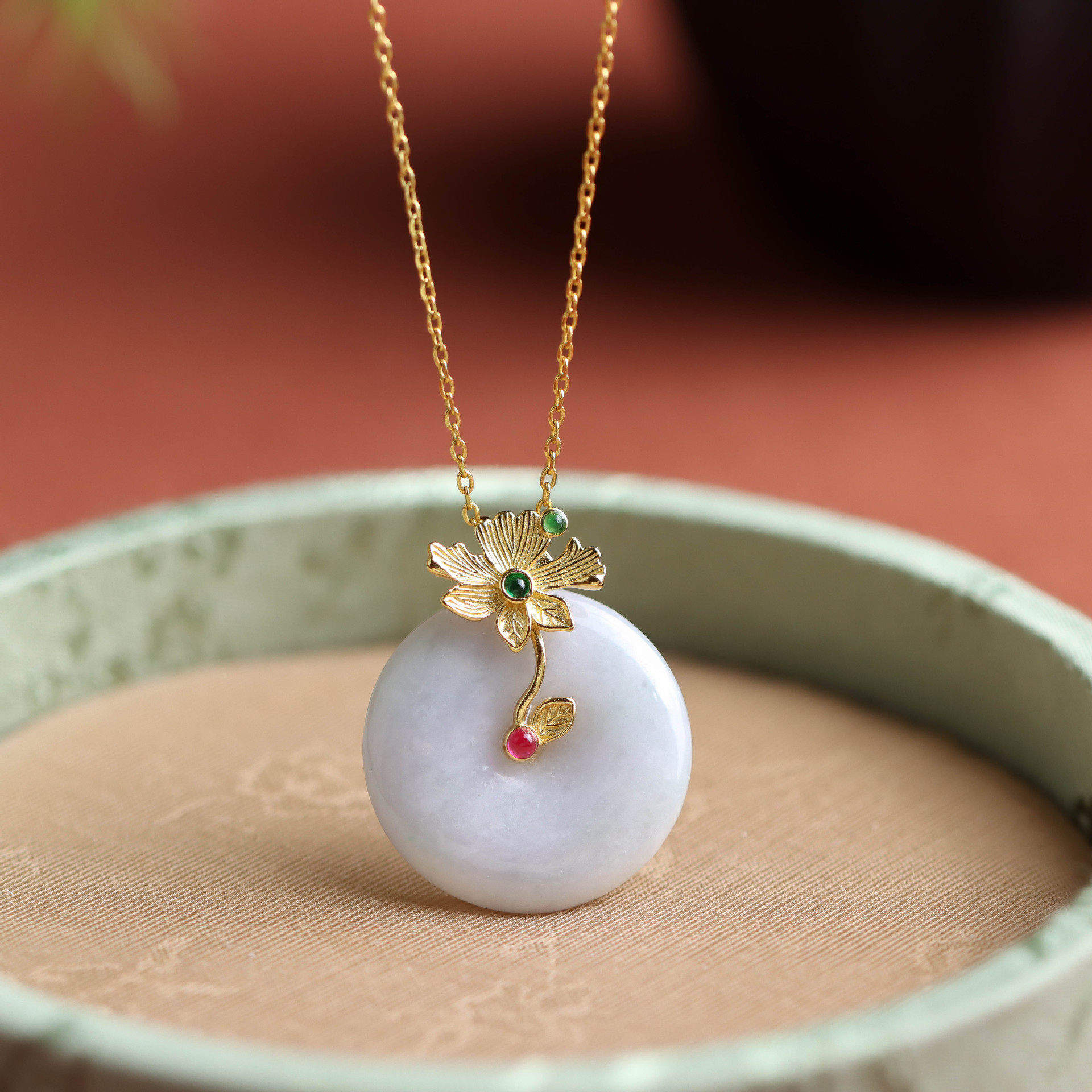 s925银镀金镶翡翠平安扣 文艺气质国风项坠女项链挂件汉服配饰