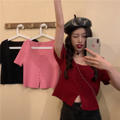 Real price short sleeve small square collar knitted cardigan women's bottom coat