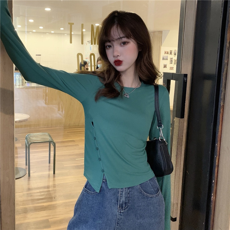 Real shot, real price, design, slant button short slim T-shirt