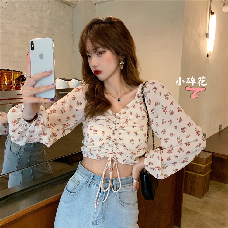 Real price Floral Chiffon shirt long sleeve sweet foreign style V-neck slim top