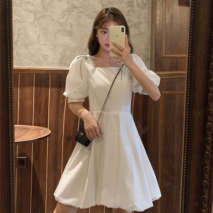 Real price new French bow waist show thin temperament short sleeve dress fairy skirt