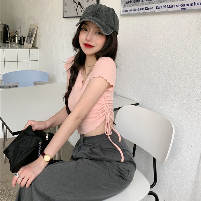 Real price design short half open collar wood ear drawcord elastic slim short sleeve T-shirt