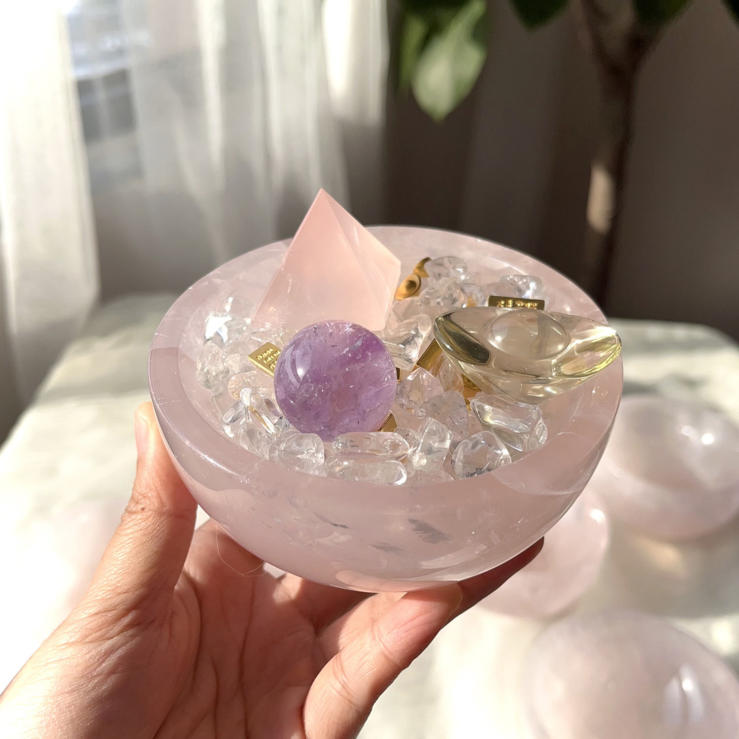天然粉水晶碗饰品摆件