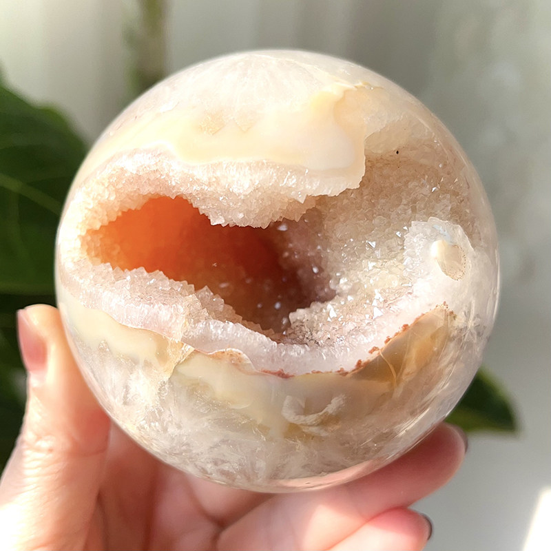 天然樱花玛瑙球爆晶开口笑水晶球